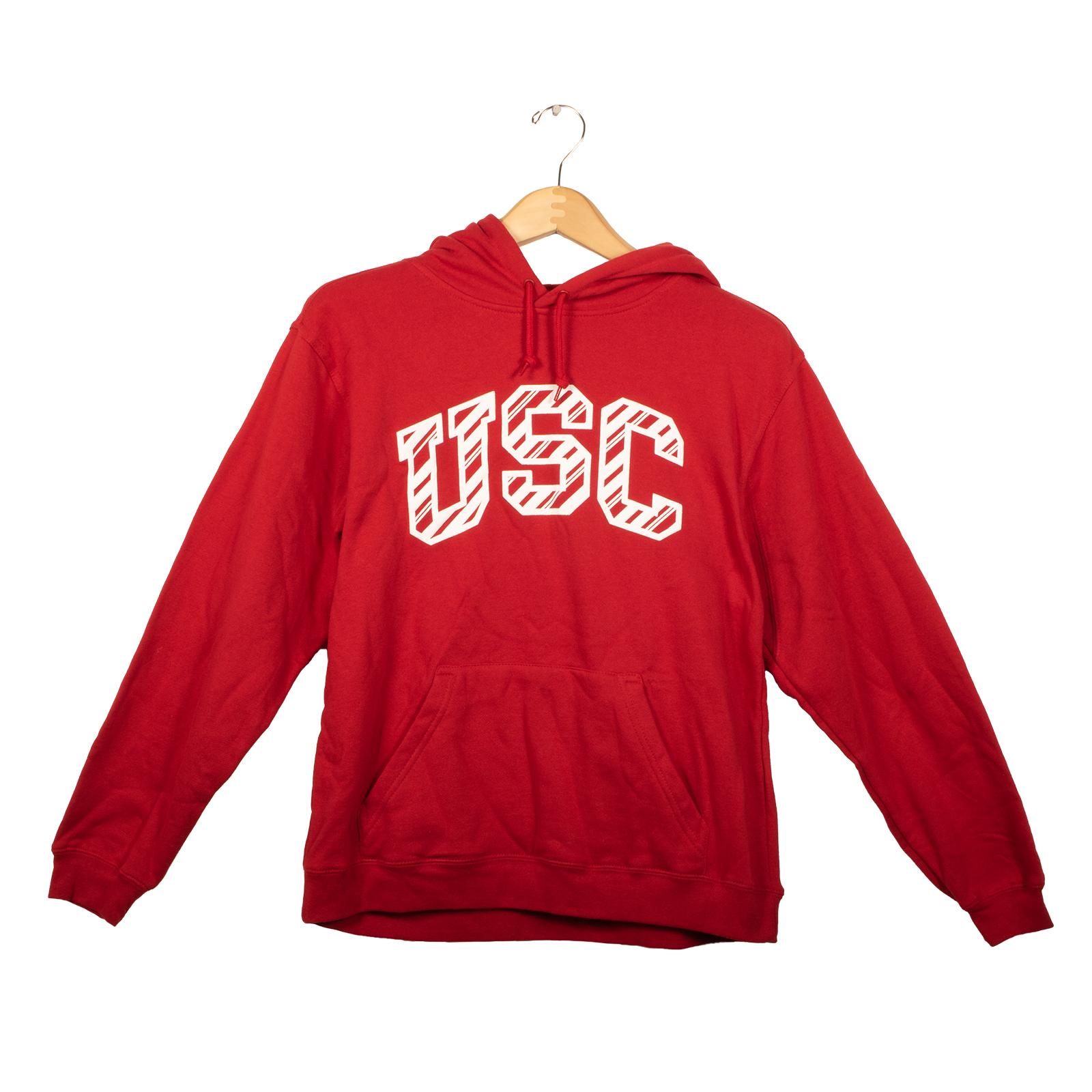 USC Candy Cane Stripe Arch Womens Hoodie Scarlet Holiday 2021 image01